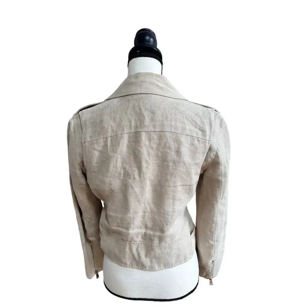Theory Linen Moto Jacket Womens Medium Beige Lightweight Belted Biker